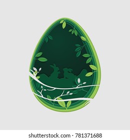 Vector cute poster for Easter Egg Hunt with colored eggs and ears of a rabbit on paper style.vector illustration