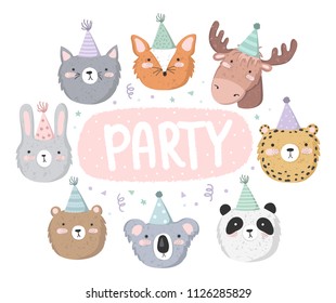 Vector cute poster with festive animals at a party and text. Postcard with adorable objects on background, pastel colors. Valentine's day, anniversary, baby shower, birthday, festival, feast
