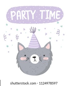 Vector cute poster with festive cat at a party and text. Postcard with adorable objects on background, pastel colors. Valentine's day, anniversary, baby shower, birthday, festival, feast

