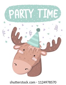 Vector cute poster with festive deer at a party and text. Postcard with adorable objects on background, pastel colors. Valentine's day, anniversary, baby shower, birthday, festival, feast
