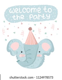 Vector cute poster with festive elephant at a party and text. Postcard with adorable objects on background, pastel colors. Valentine's day, anniversary, baby shower, birthday, festival, feast
