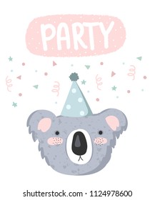 Vector cute poster with festive koala at a party and text. Postcard with adorable objects on background, pastel colors. Valentine's day, anniversary, baby shower, birthday, festival, feast
