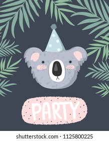 Vector cute poster with festive koala at a party, branches and text. Postcard with adorable objects on background, pastel colors. Valentine's day, anniversary, baby shower, birthday, festival, feast
