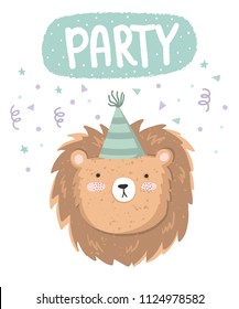 Vector cute poster with festive lion at a party and text. Postcard with adorable objects on background, pastel colors. Valentine's day, anniversary, baby shower, birthday, festival, feast
