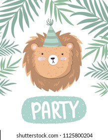 Vector cute poster with festive lion at a party, branches and text. Postcard with adorable objects on background, pastel colors. Valentine's day, anniversary, baby shower, birthday, festival, feast