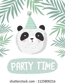 Vector cute poster with festive panda at a party, branches and text. Postcard with adorable objects on background, pastel colors. Valentine's day, anniversary, baby shower, birthday, festival, feast
