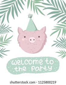 Vector cute poster with festive pig at a party, branches and text. Postcard with adorable objects on background, pastel colors. Valentine's day, anniversary, baby shower, birthday, festival, feast

