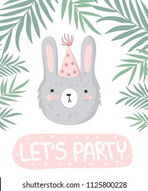 Vector cute poster with festive rabbit at a party, branches and text. Postcard with adorable objects on background, pastel colors. Valentine's day, anniversary, baby shower, birthday, festival, feast