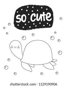 Vector cute poster with funny sea animal and text. Postcard with adorable turtle on background. Valentine's day, anniversary, baby shower, bridal, birthday
