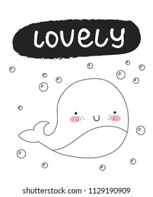 Vector cute poster with funny sea animal and text. Postcard with adorable whale on background. Valentine's day, anniversary, baby shower, bridal, birthday
