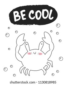 Vector cute poster with funny sea animal and text. Postcard with adorable crab on background. Valentine's day, anniversary, baby shower, bridal, birthday
