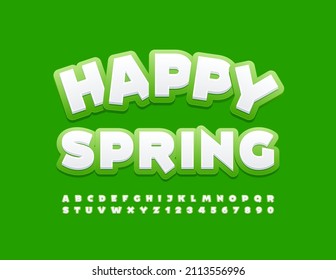 Vector cute poster Happy Spring. Fresh style Font. White and Green Alphabet Letters and Numbers set