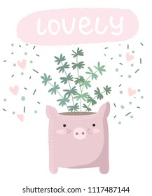 Vector cute poster with house plant in funny pig pot. Poster with adorable objects on background, pastel colors. Valentine's day, anniversary, save the date, baby shower, bridal, birthday
