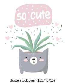 Vector cute poster with house plant in funny cat pot. Poster with adorable objects on background, pastel colors. Valentine's day, anniversary, save the date, baby shower, bridal, birthday
