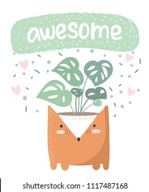 Vector cute poster with house plant in funny fox pot. Poster with adorable objects on background, pastel colors. Valentine's day, anniversary, save the date, baby shower, bridal, birthday
