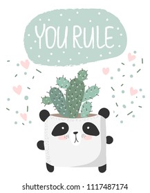 Vector cute poster with house plant in funny panda pot. Poster with adorable objects on background, pastel colors. Valentine's day, anniversary, save the date, baby shower, bridal, birthday
