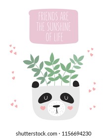 Vector cute poster with house plant in funny panda pot and motivational slogan. Postcard with adorable objects on background, pastel colors. Valentine's day, anniversary, baby shower, birthday