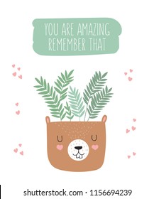 Vector cute poster with house plant in funny squirrel pot and motivational slogan. Postcard with adorable objects on background, pastel colors. Valentine's day, anniversary, baby shower, birthday