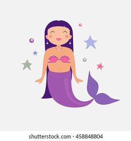 Vector cute poster with mermaid. Cartoon magic illustration