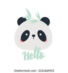 Vector cute poster with panda on white background. Kawaii panda, inscription hello, bamboo branch. Print for children's wallpaper, baby clothes, phone case, textiles, poster on the wall. Drawn by hand