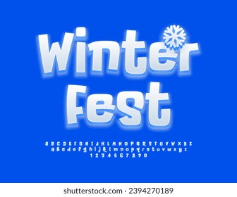 Vector cute poster Winter Fest with decorative Snowflake. Glowing White Font. Handwritten Alphabet Letters and Numbers set