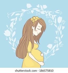 Vector cute pregnant woman on blue floral background in yellow dress