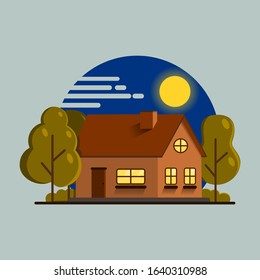 vector of a cute and pretty house at night