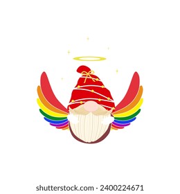 Vector - Cute pride Gnome wearing red hat. Colorful wing. LGBT. Cartoon. Christmas, New year. Can be use for card, sticker.