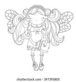 Vector cute princess fairy girl with wings in flower crown.Vector line illustration.Sketch for postcard or print or coloring adult book.Hand drawn free style.