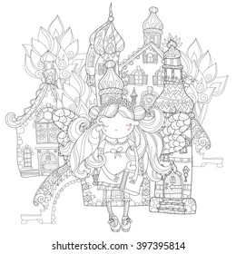 Vector cute princess fairy girl with wings in flower crown.Old fairy town city view.Vector line illustration.Sketch for postcard or print or coloring adult book.Hand drawn free boho style.