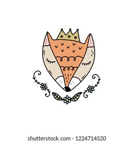 Vector cute princess fox face art. Poster and banner element, children's book illustration, postcard, gift card, print for t-shirt and more, sticker, label and other. Isolated on white background.