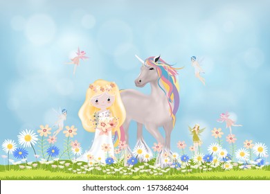 Vector cute princess and unicorn walking in summer field with little fairies flying against blurry blue sky background, Cartoon Spring scene with happy girl and horse walking in daisy flowers field