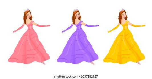 Vector cute princesses with various dress colors. Vector illustration.