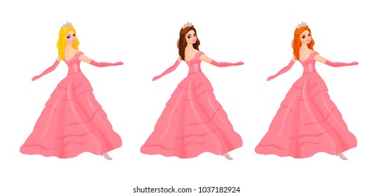 Vector cute princesses with various hair colors. Vector princesses in pink tutu dresses.