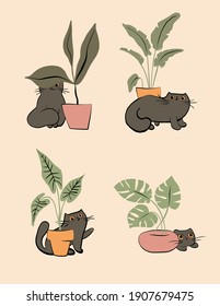 Vector cute print. Gray cats and house plants are drawn in a minimalist style.