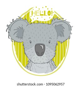 Vector cute print with an koala animal and an inscription Hello,in white background. Hand draw illustration.