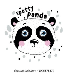 Vector cute print with an spotty panda animal, in white background. Hand draw illustration.