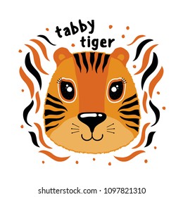 Vector cute print with an tabby tiger animal, in white background. Hand draw illustration.
