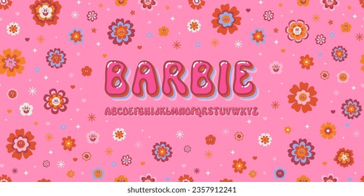 Vector cute psychedelic font. Hippie smiling daisy flowers pink baby girl 2000s background. Cool retro y2k kids design. Groovy vintage 60s 70s style typeface alphabet letters. Nostalgic jelly ABC