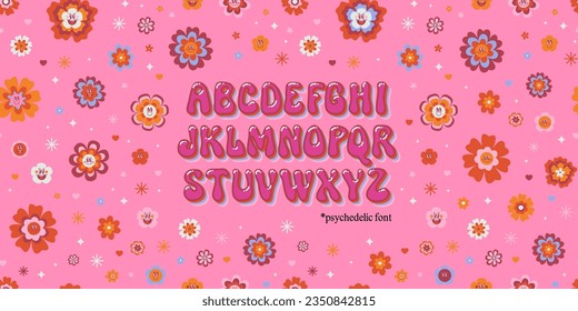 Vector cute psychedelic font on hippie smiling daisy flowers pink Barbie background. Cool retro kids design. Groovy vintage 60s 70s style typeface alphabet letters. Hand drawn nostalgic retro acid ABC