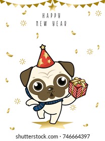 Vector Cute Pug dog in Happy new year party , holding red gift box , and wearing cone hat and Scarf, on gold paper shoot background ,winter season