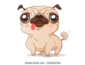 Vector cute pug in kawaii style. Vector illustration of a cute dog