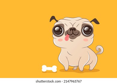 Vector cute pug in kawaii style. Vector illustration of a cute dog on yellow background.