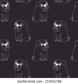 Vector cute pug pattern on dark