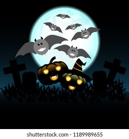 Vector of cute pumpkin and bat in the graveyard on full moon or moonlight background for halloween night day.