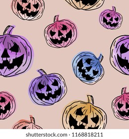 Vector cute pumpkin with horror creature on feminine pinky colors watercolor style. Girly fashion trendy for baby textile print.