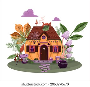 Vector cute pumpkin house for Halloween Cartoon template design for children Flat design Bright picture for All Saints Day on October 31