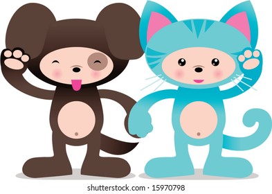 vector cute puppy dog and kitty cat friends waving