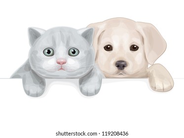 Vector of cute puppy and kitten hiding by blank.