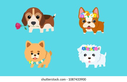 Vector cute puppy with a variety of colorful flowers.